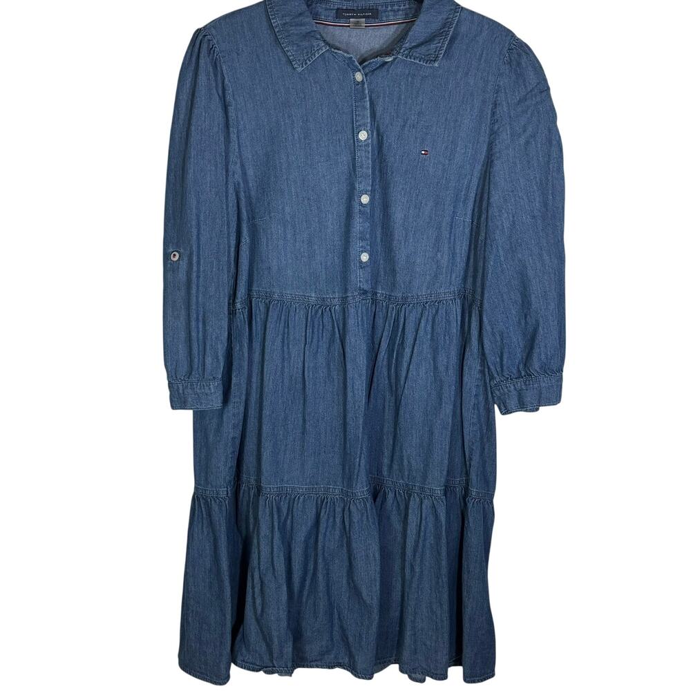 Tommy Hilfiger Chambray Tiered Shirt Dress Button Front Women's Size 10 Blue